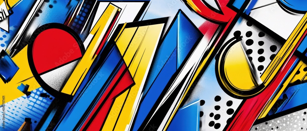 Poster a vibrant composition of abstract geometric shapes and colors in dynamic patterns, perfect for artis