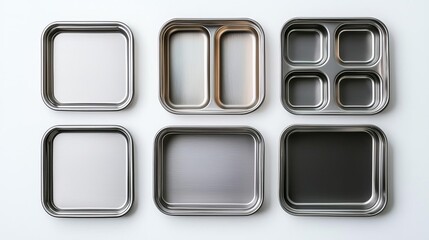 Set of stainless steel food containers in various shapes. All are neatly arranged on a white background, perfect for modern kitchen aesthetics.