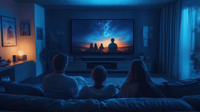 a family sitting in front of a huge flat screen television in the living-room in the evening watching a movie spending leisure time together