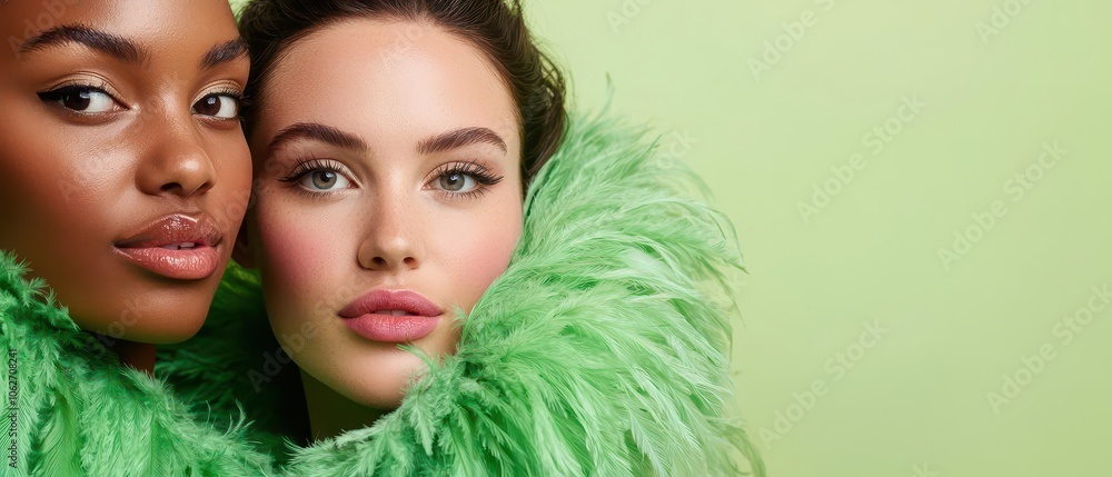 Wall mural Two women pose closely together, wearing vibrant green fur pieces against a light green background.