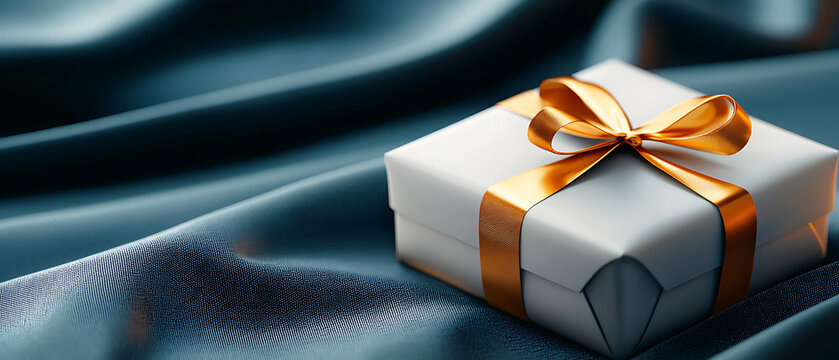 Elegant gift box with golden ribbon on luxurious fabric for celebrations and special occasions
