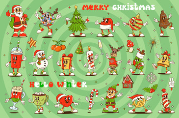 Groovy Christmas characters in retro cartoon for winter holiday, vector emoji. Groovy Santa with funny Christmas tree and funky snowman with happy smile, New Year decorations and funky elf with deer