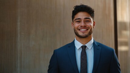 A young businessman in a blue suit and tie smiles confidently at the camera, standing in front of a building with a neutral background.