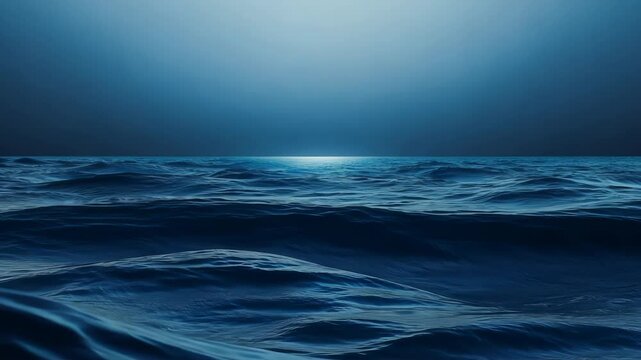 Deep blue ocean waves roll beneath a dark sky, illuminated by ethereal moonlight. Rhythmic water movements create a hypnotic pattern across the vast seascape. 
