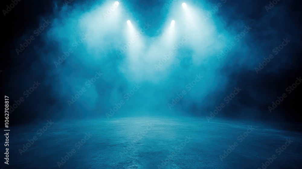 Poster mysterious blue fog envelops an empty stage, creating a captivating atmosphere for performances or e
