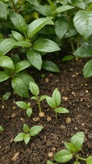 Obraz premium Coffee bean seedlings sprouting from the rich soil, surrounded by lush green foliage, symbolizing the concept of growth and new beginnings, seedlings, new beginnings, Trees