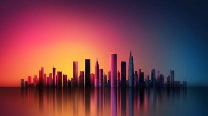 Fototapeta premium City skyline silhouette at sunset, vibrant colors reflecting on the water.