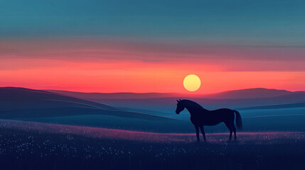 A dark horse shape stands out against the colorful sky as the sun sets over the rolling hills.