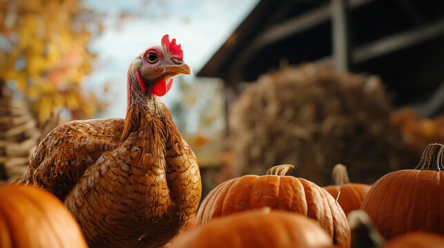 Turkey among pumpkins in a picturesque autumn setting.
