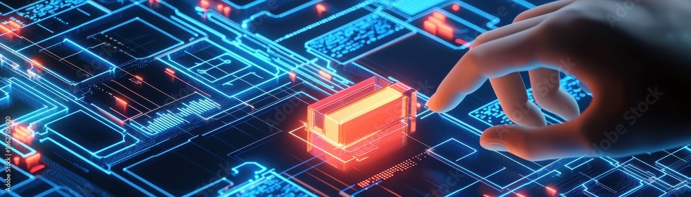 Poster a futuristic digital interface with a hand hovering over a glowing red folder, symbolizing data mani