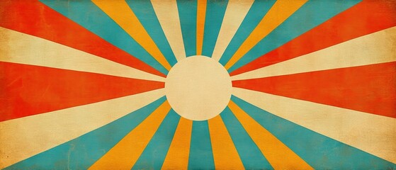 Vintage sunburst background with vibrant colors and rays radiating from a central circle.