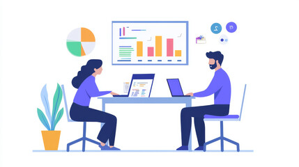 Two people, maybe business partners or accountants, are looking at charts and graphs on a laptop. They're using this information to create a report and talk about money in their office.