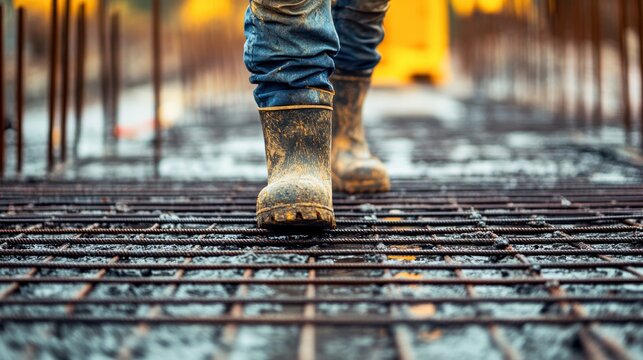 A construction worker's boots walking on steel rebar at a construction site, showcasing hard work and dedication.