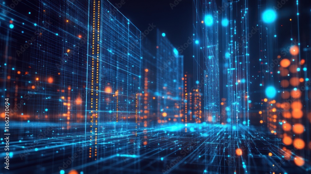 Canvas Prints a digital cityscape with glowing blue and orange lights, creating an abstract representation of the 