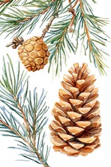 Fototapeta premium Holiday watercolor card collection with painted pinecones and cedar branches, artistically arranged, gentle color palette