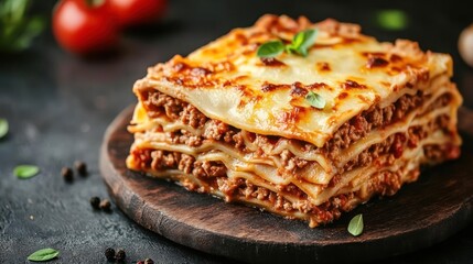 A tempting homemade lasagna photo. The lasagna is topped with a rich meat sauce, and garnished with herbs on the side.