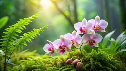 Delicate orchids nestled among soft moss and ferns in a tropical forest, flowering plants, ferns, leafy greens, greenery © Sathaporn Buarabut