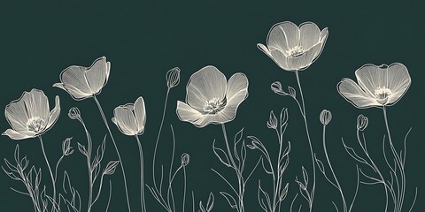 Dark green art background with flowers in golden line style. Hand drawn botanical floral banner for packaging design, wallpaper, print, textile, invitations, interior design