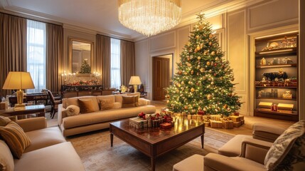A luxuriously decorated living room with a large Christmas tree, a fireplace, and plush furniture.