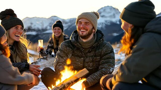 Colleagues Enjoying Bonfire During Weekend Retreat