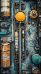 Naklejka premium Aerial perspective of an expansive sugar factory featuring interconnected warehouses and conveyor systems in a bustling industrial environment