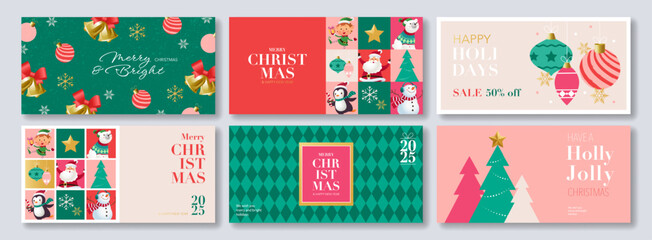 Minimal Merry Christmas and Happy Holidays greeting banner set with typography and Christmas ornaments and trees, Santa Claus and Christmas characters. Vector illustration