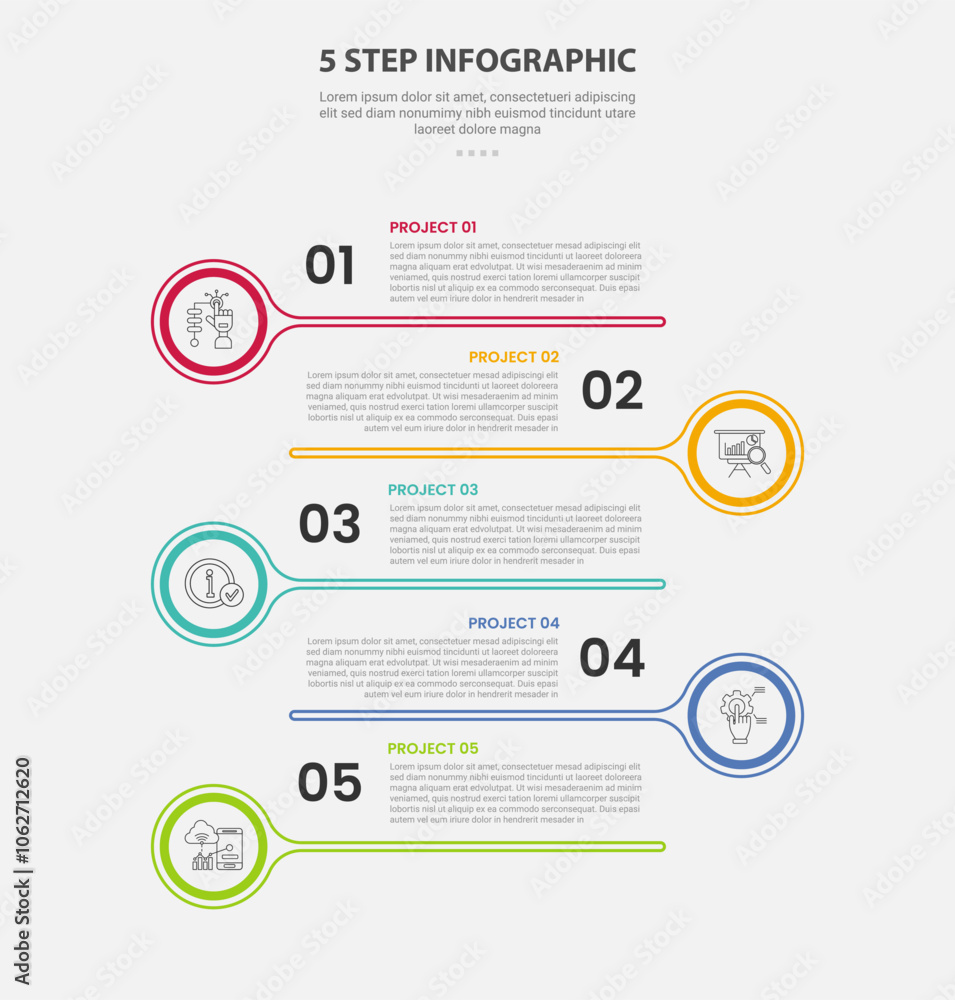 Aufkleber 5 points template infographic outline style with 5 point step template with big circle and long line