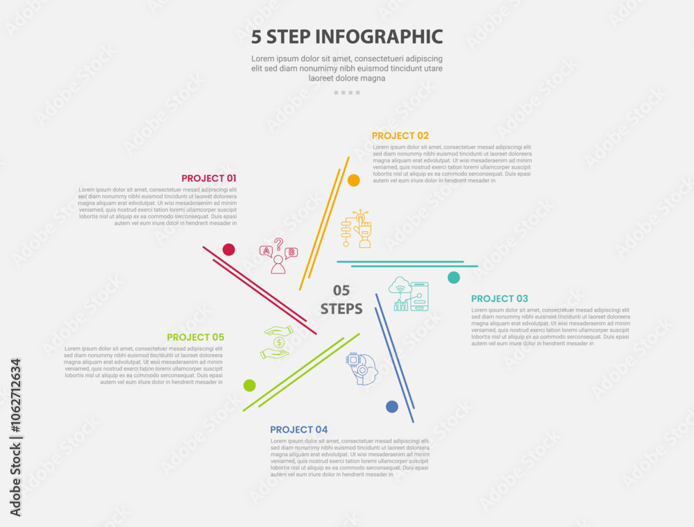 Poster 5 points template infographic outline style with 5 point step template with star shape with line and