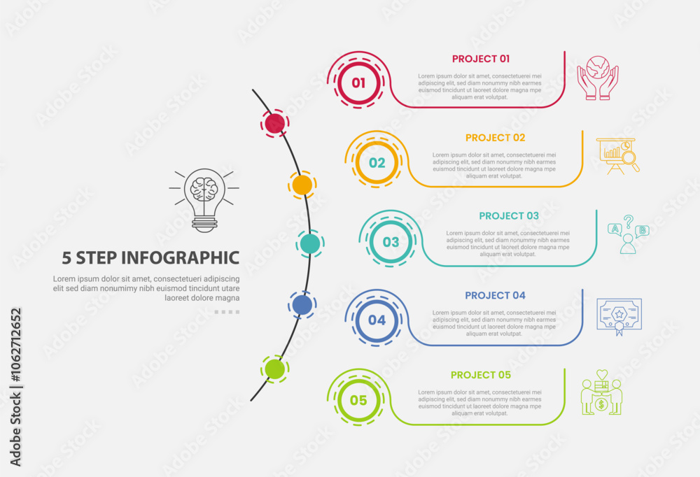 Poster 5 points template infographic outline style with 5 point step template with long half circle line wi