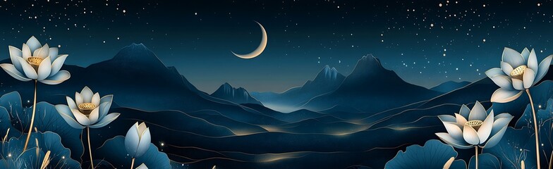 Obraz premium Elegant prestigious night background with lotus flowers against the background of the mountains and the moon. The design motif with gold, blue colors.The inscription of the hieroglyph means