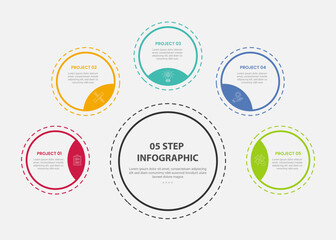 5 points template infographic outline style with 5 point step template with big circle and small circle spreading around with dotted line for slide presentation