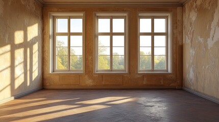Obraz premium Empty room with three large windows looking out onto a tree-lined landscape. Sunlight streams in, casting shadows on the worn wooden floor.