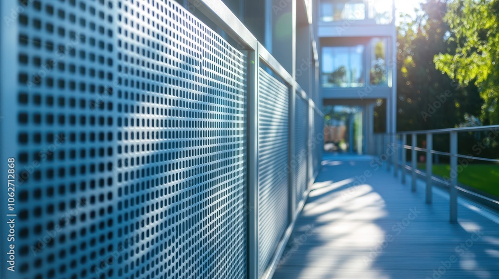 Wall mural modern metal railing with a grid pattern on a walkway leading to a building with a sunflare.
