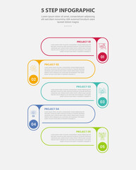 5 points template infographic outline style with 5 point step template with round rectangle on vertical direction with opposite position for slide presentation