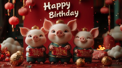 Obraz premium Colorful Birthday Celebration with Adorable Pigs and Bright Red Lanterns for a Special Day.Generative AI特別な日のためのかわいい豚と明るい赤い灯籠で飾られたカラフルな誕生日祝い