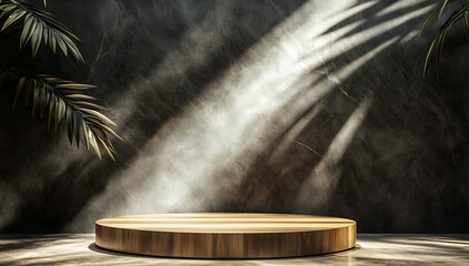 Empty podium on wooden table with palm shadow on granite wall background. Luxury beauty product placement design mockup