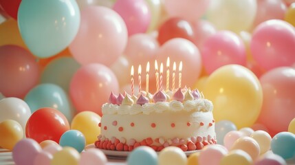 birthday party balloons, colourful balloons background and birthday cake with candles