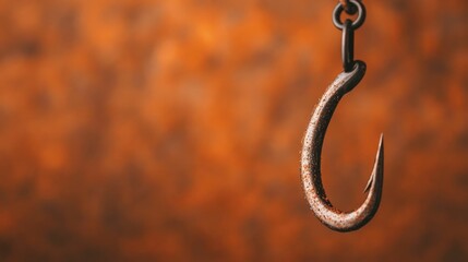 Obraz premium Close up image of a sharp metal fishing hook piercing through a live bait preparing for a deep cast into the water The image has a blurred abstract background with a warm orange color palette