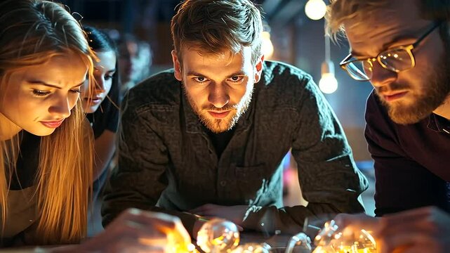 Group of colleagues collaborating to solve puzzles in an escape room. Engaging and interactive scene ideal for team building, corporate activities, problem-solving, and workplace collaboration cont
