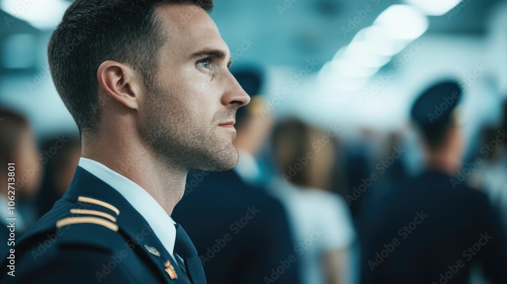 Poster a busy scene at the airport check in counter with a professional pilot in uniform walking past the l