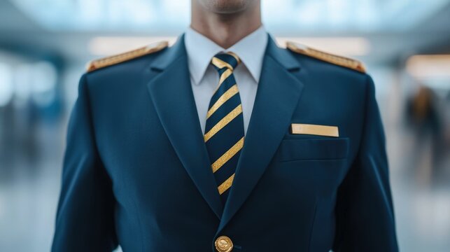 Close up view of a pilot in formal uniform and tie presenting credentials and identification at the airport check in counter before heading to the aircraft cockpit - Powered by Adobe