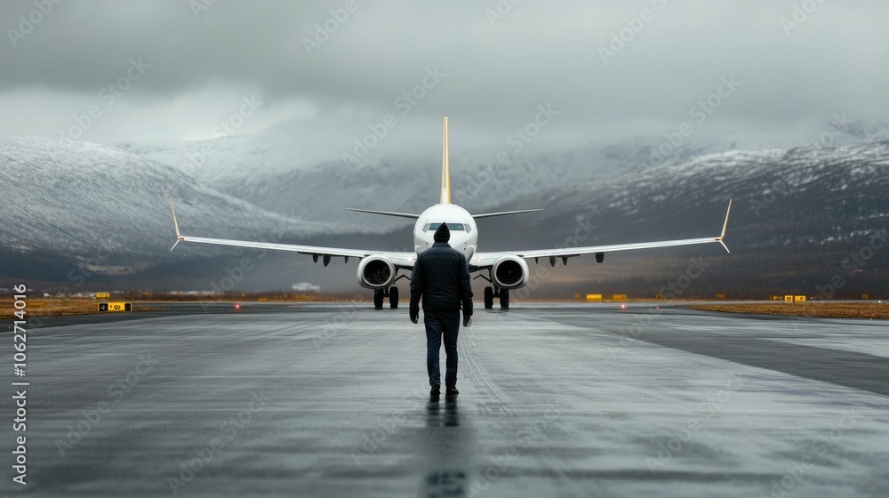 Poster passengers completing their check in process at the airport terminal as a pilot prepares the aircraf