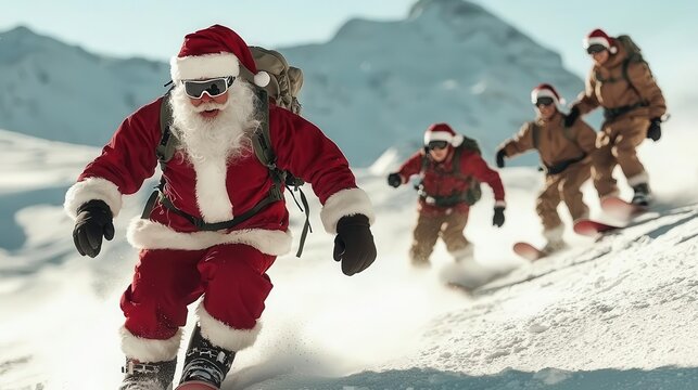 Santa and elves snowboarding down the mountain, teamwork and holiday fun, Snowboarding Santa, festive group spirit