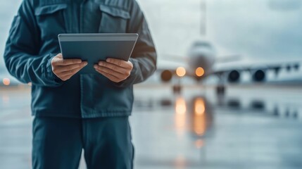 Close up of a pilot checking flight details on a tablet during check in with the airstrip and airport terminal in the background creating a deep depth of field