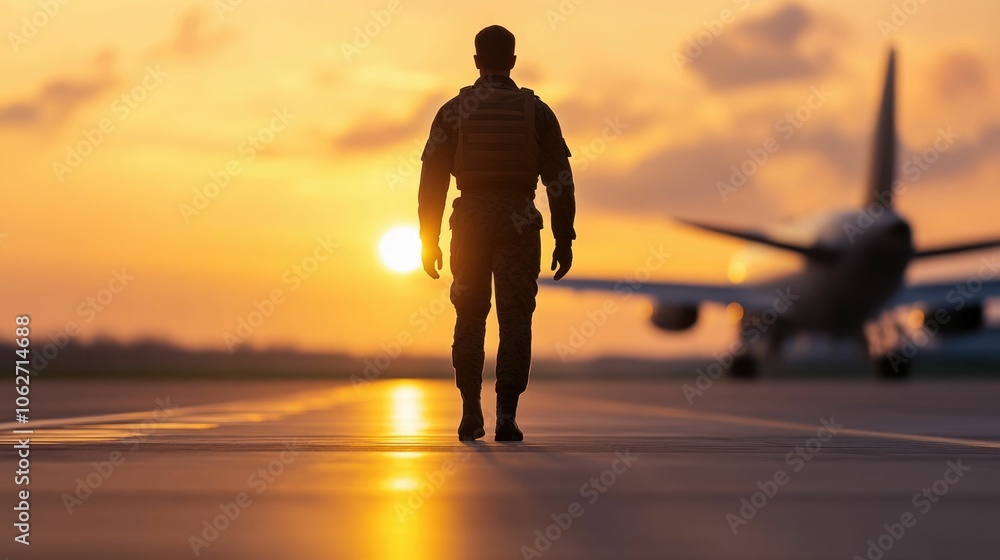 Poster silhouetted figure of a pilot completing pre flight checks on the airstrip as the sun sets creating 