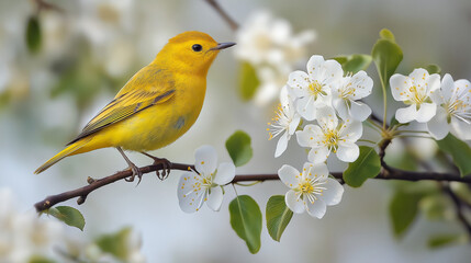 Obraz premium Yellow warbler bird perched on the branches filled with white flowers