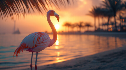 Fototapeta premium Flamingo standing on the sandy beach during sunset