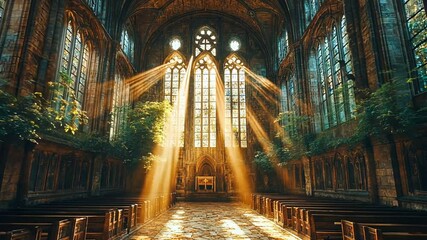 A sunlit, abandoned chapel with large stained glass windows and greenery footage - Powered by Adobe