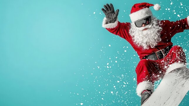 Santa in cool snowboarding gear, halfpipe trick, holiday energy, vivid colors, Santa Claus Snowboarding, Christmas stunts
