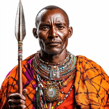 Portrait of a confident Maasai man wearing traditional tribal clothing jewelry and holding a ceremonial spear standing against a plain white background and showcasing the proud